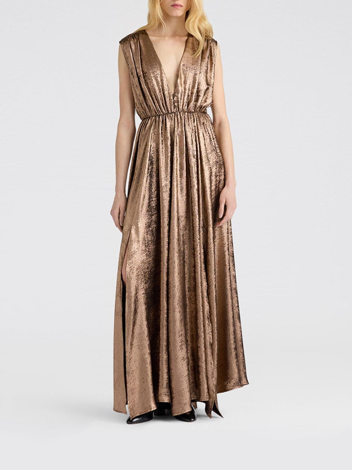 Momonì Ysla Sleeveless Evening Gown in Lamé Jersey with Side Slit