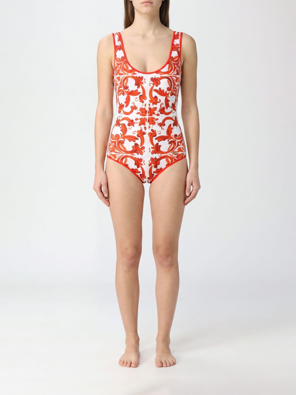 Dolce & Gabbana Majolica Print One-Piece Swimsuit with Deep U-Neckline