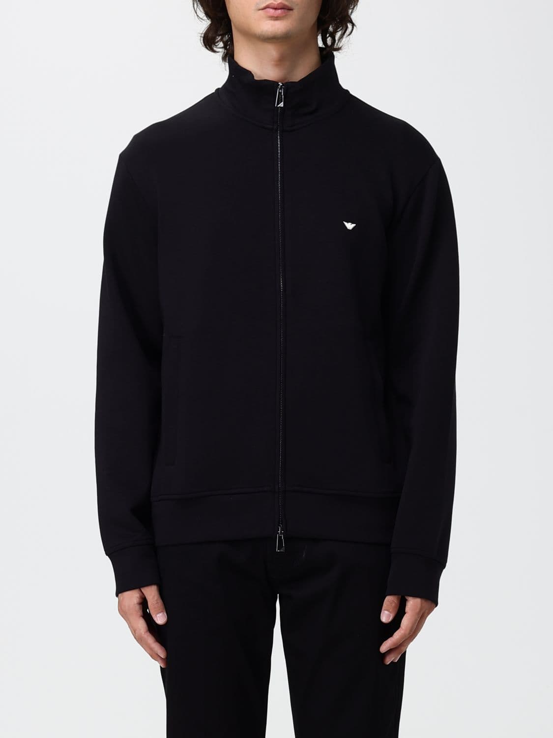 Emporio Armani High Neck Cotton Blend Zip-Up Sweatshirt with Eagle Logo
