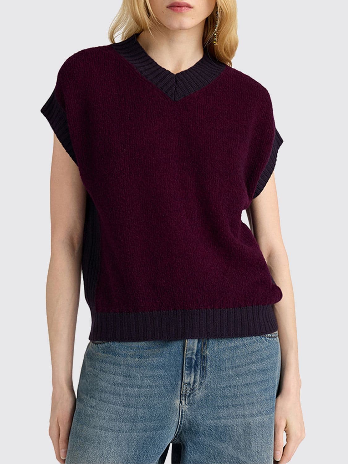 Momonì Short-Sleeved V-Neck Wool-Blend Jumper Momonì with Contrast Trims