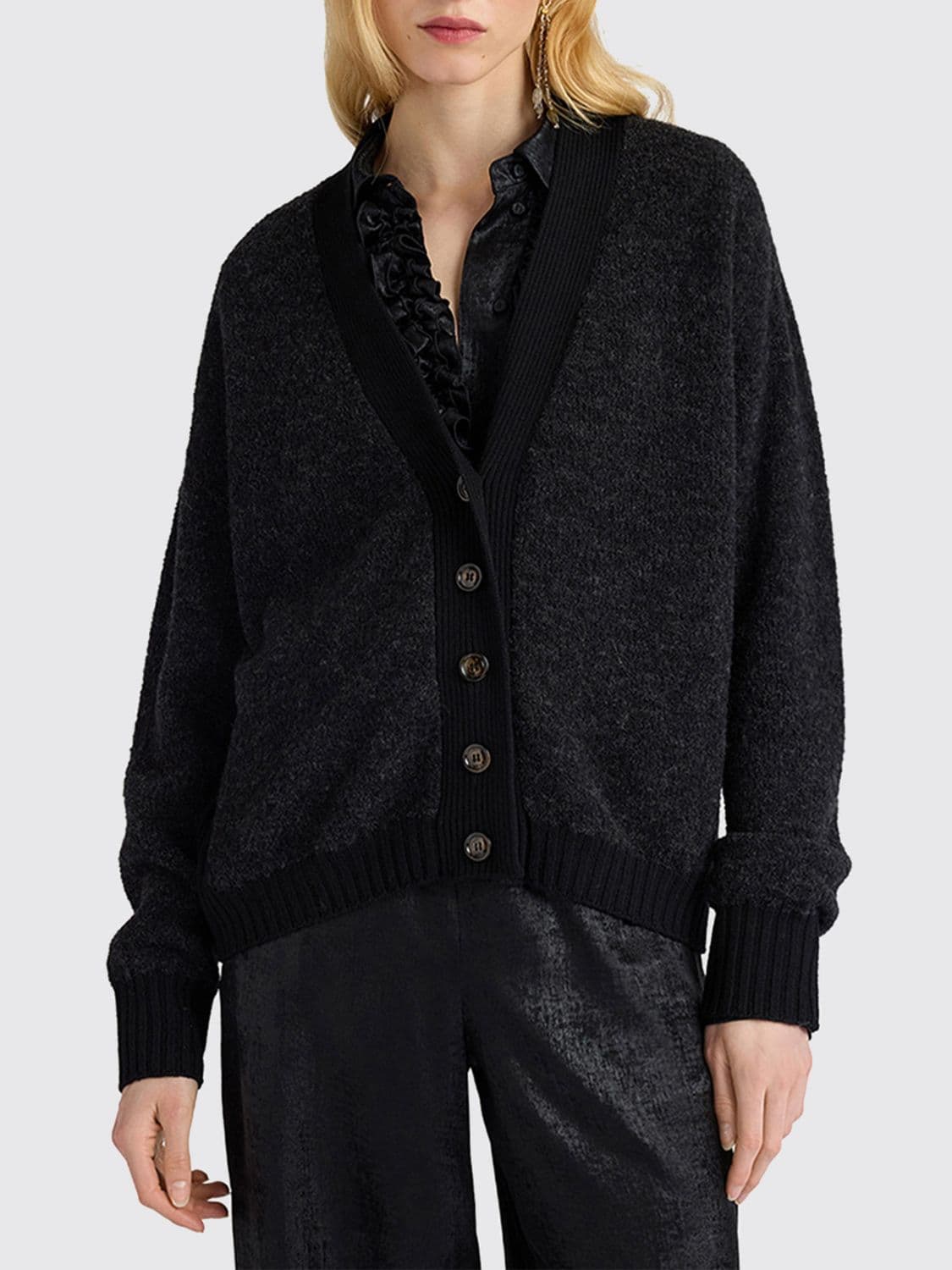 Momonì V-Neck Wool-Blend Cardigan Momonì with Dropped Shoulders and Ribbed Trims