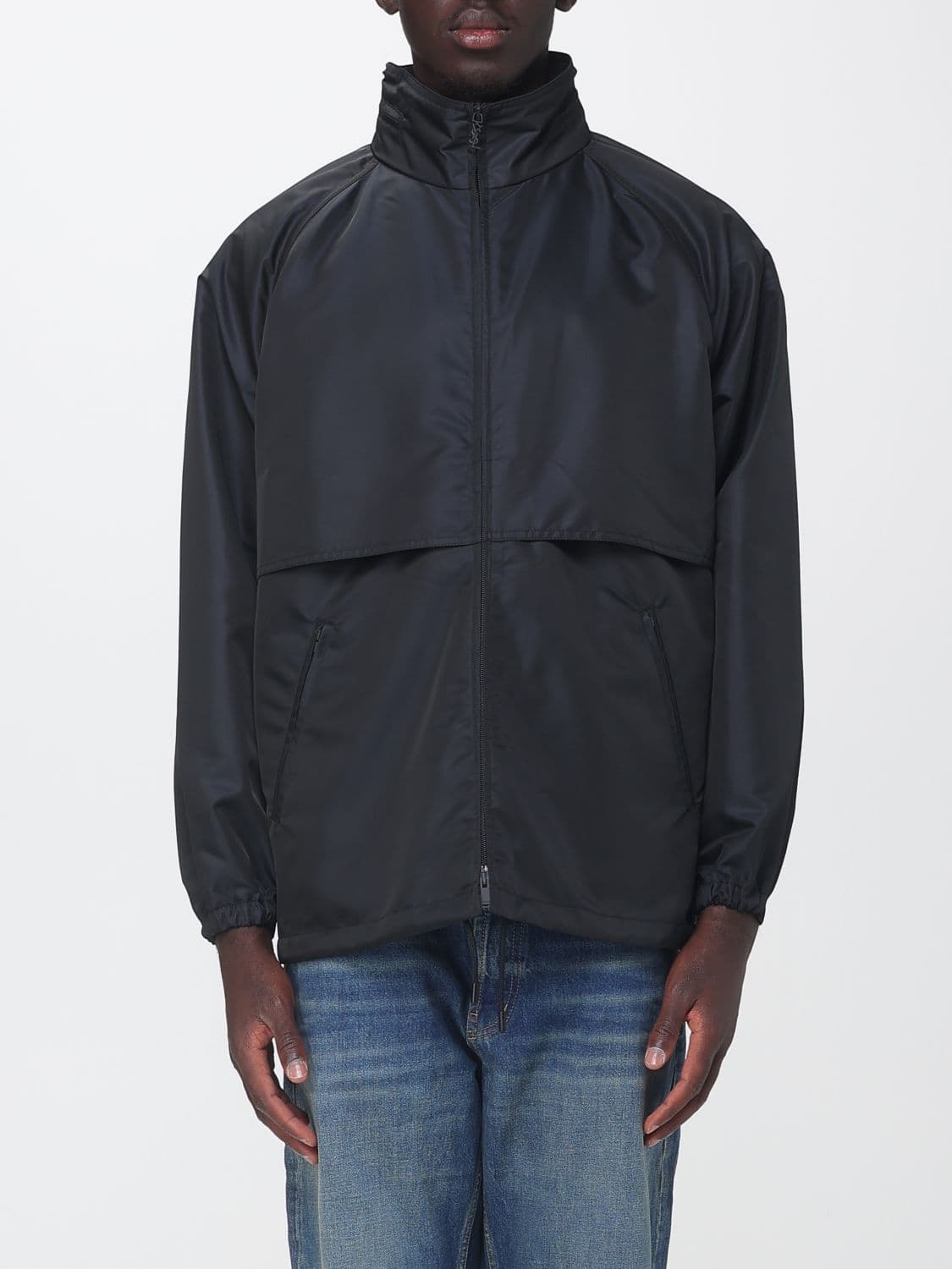 Saint Laurent Technical Fabric Windbreaker Jacket with High Neck and Packable Hood