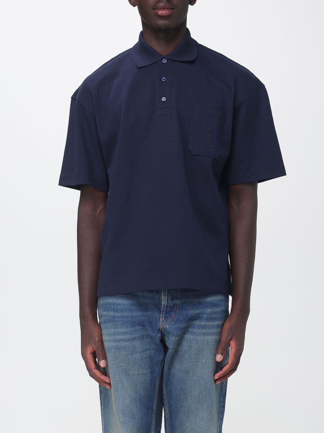 Saint Laurent Relaxed Fit Cotton Polo Shirt with Patch Pocket and Tonal Logo