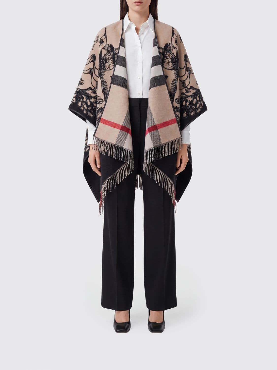 Burberry Check Wool Cape with Asymmetrical Hem and Fringes · OS
