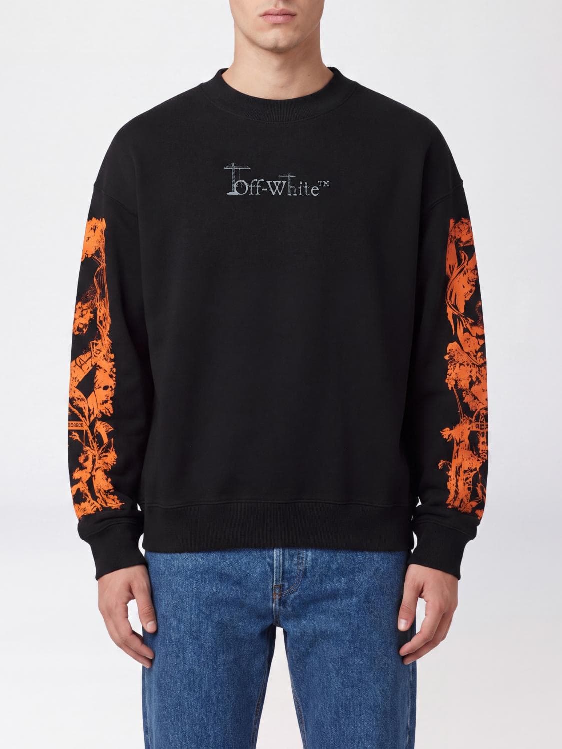 Off-White Crewneck Cotton Jumper with Rear Arrow Logo and Dropped Shoulders