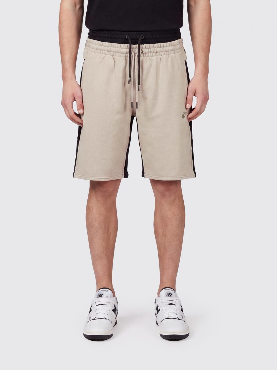 Off-White Striped Cotton Shorts with Diagonal Logo and Drawstring