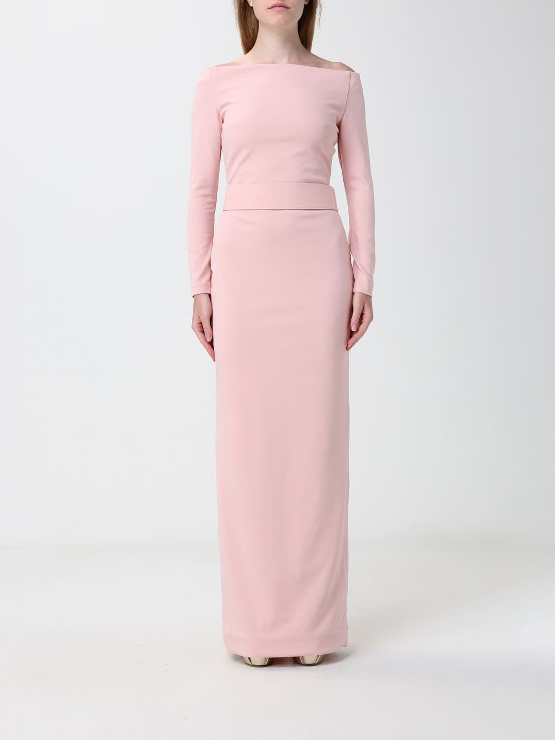 Solace London Long Crêpe Evening Gown with Straight Neckline and Slit