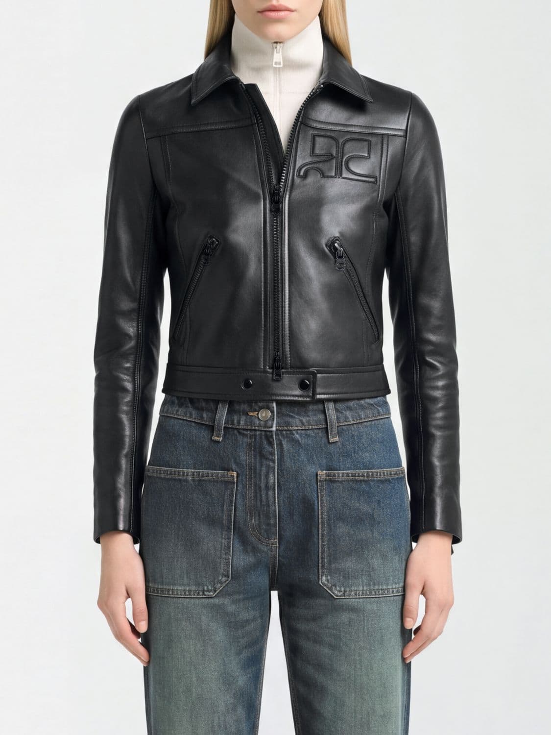 Courrèges Cropped Smooth Lambskin Biker Jacket with Monogram Logo