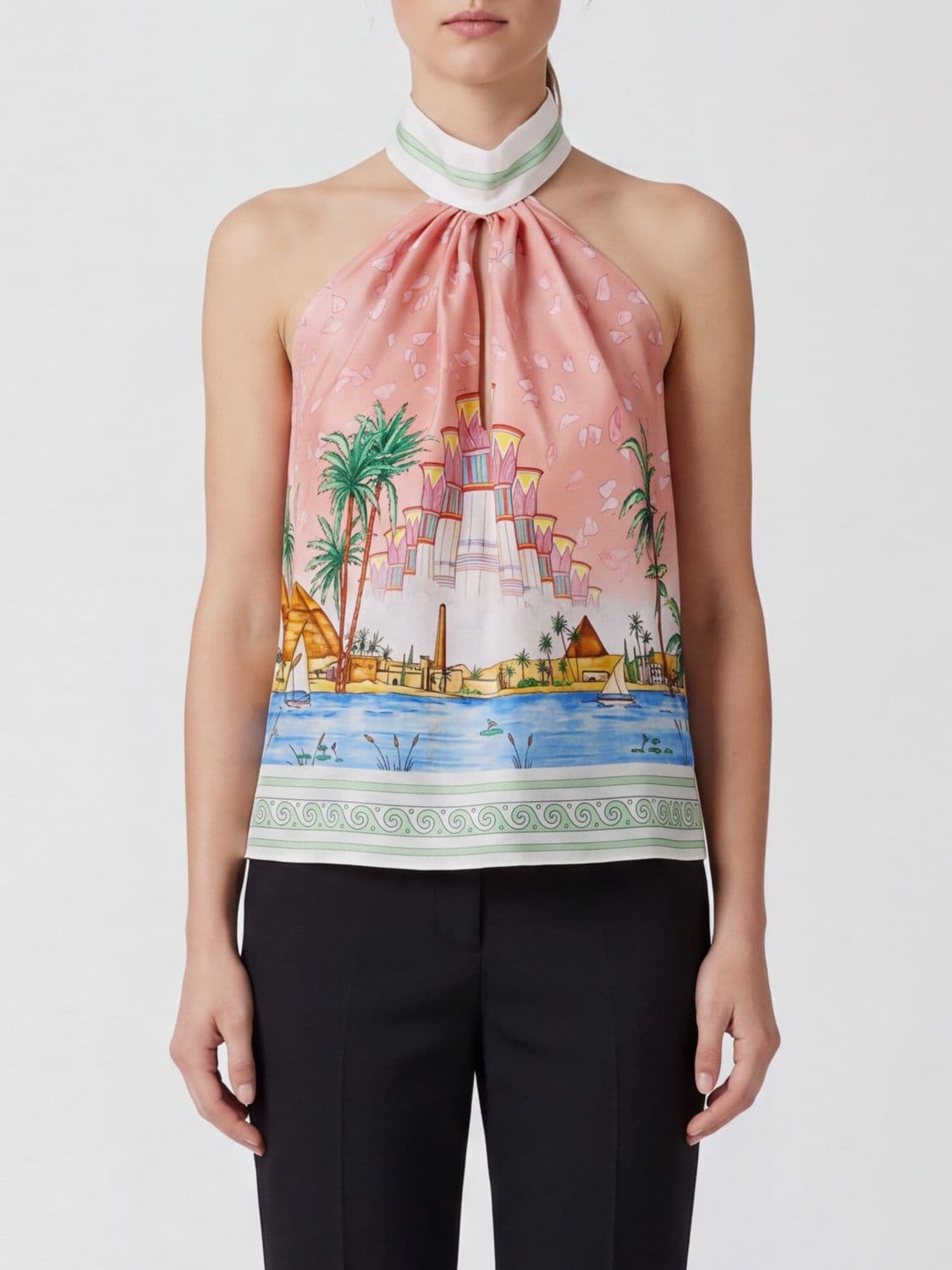 Casablanca Printed Pure Silk Halter Top with Open Back