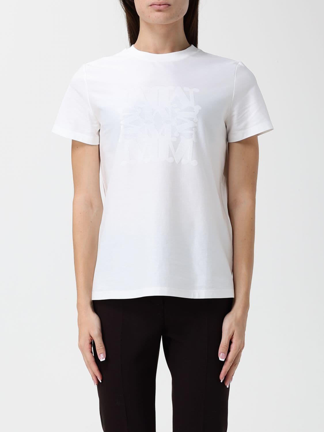 Max Mara Crewneck Cotton T-Shirt with Tone-on-Tone Monogram