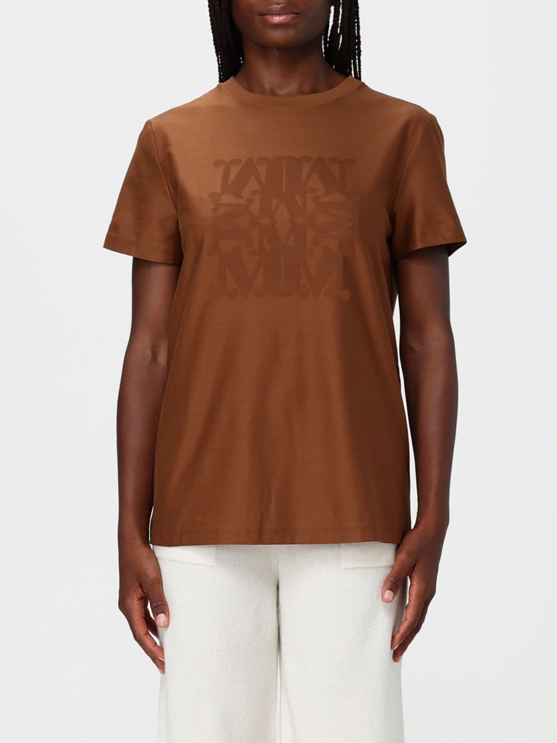 Max Mara Crewneck Cotton T-Shirt with Tone-on-Tone Monogram