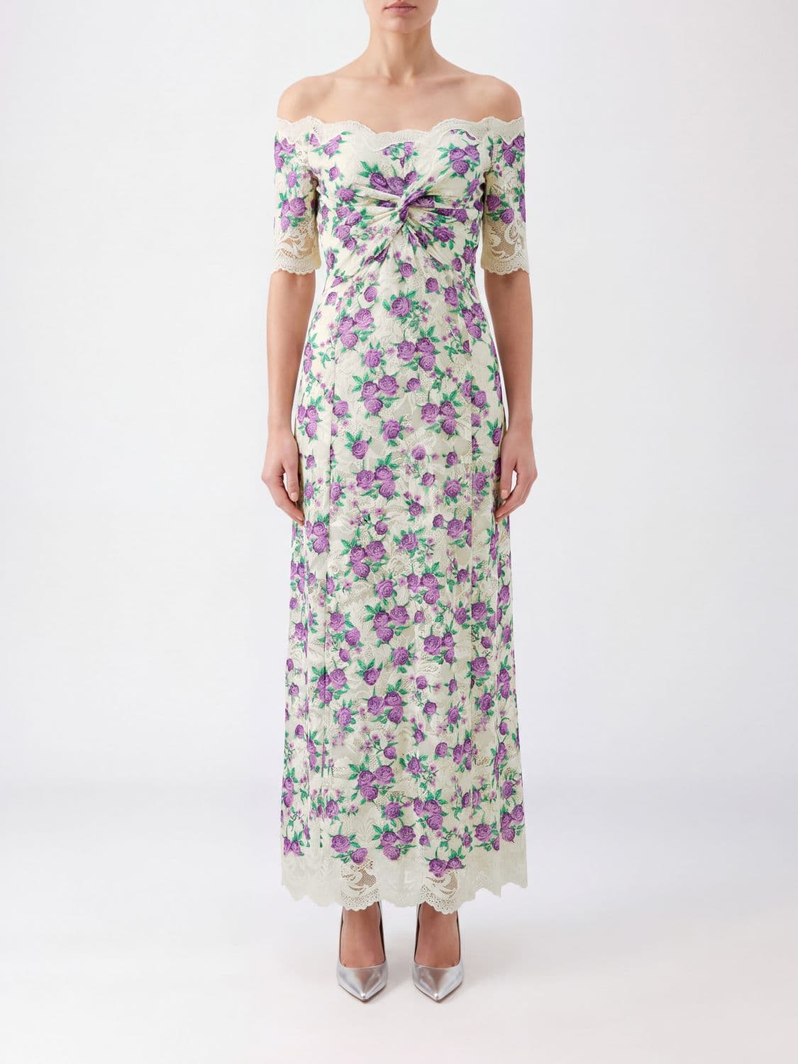 Rabanne Floral Print Long Dress with Lace Inserts on the Neckline