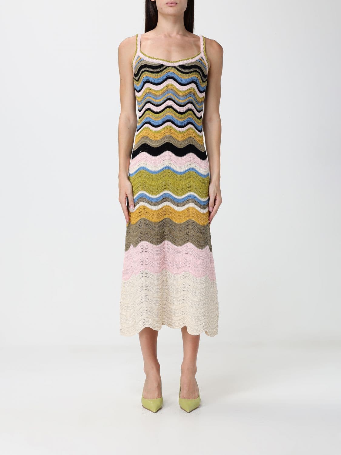 La Doublej Multicolour Zig-Zag Crochet Midi Dress with a Square Neckline · S