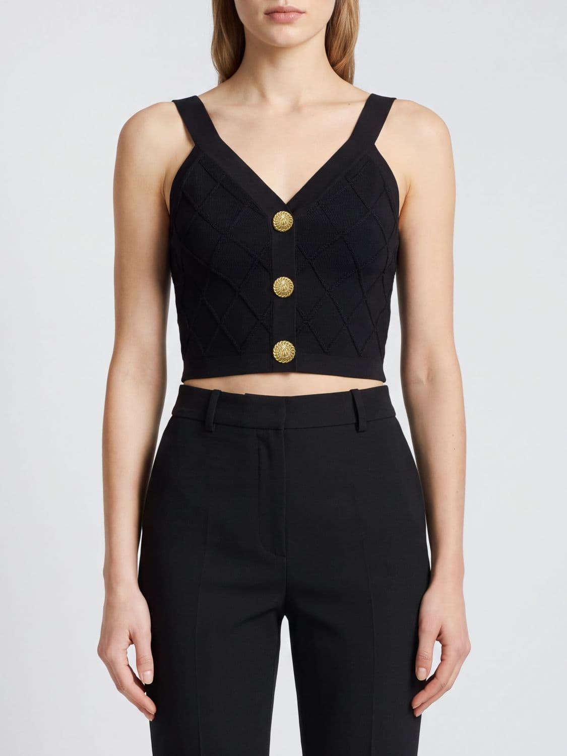 Balmain Cropped Knit Top with V-Neck and Decorative Buttons
