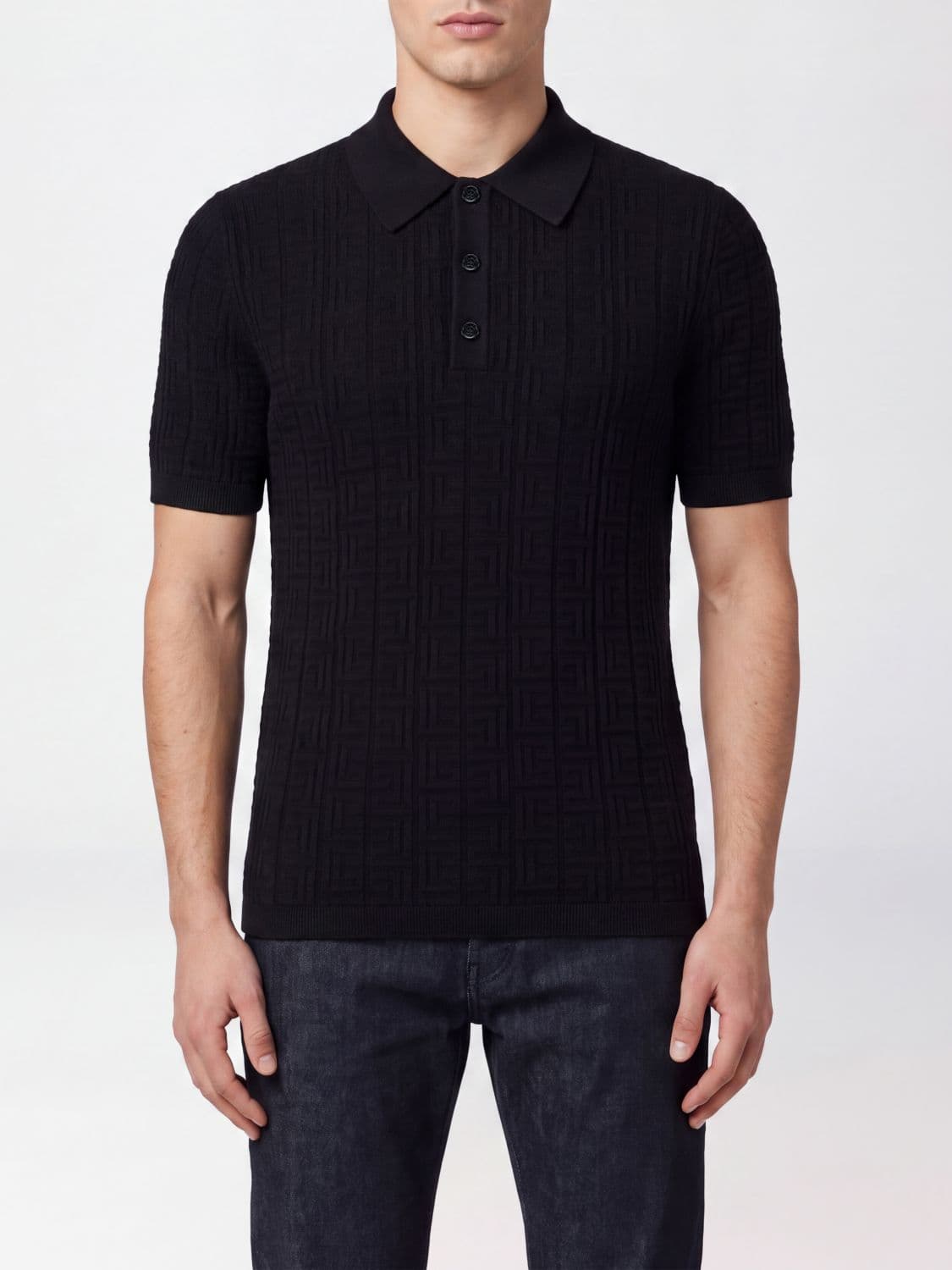 Balmain Knitted Viscose Blend Polo Shirt with All-Over Labyrinth PB Monogram