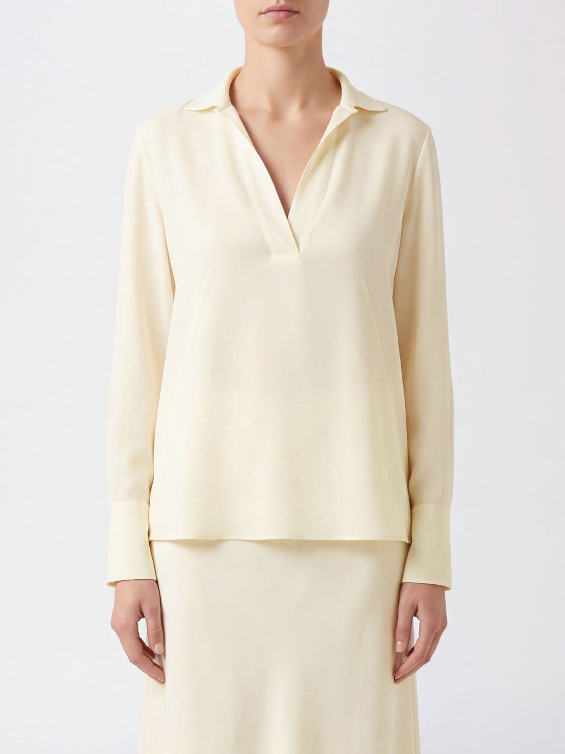 Paula Classic Collar V-Neck Blouse in Matte Silk Satin with Long Sleeves