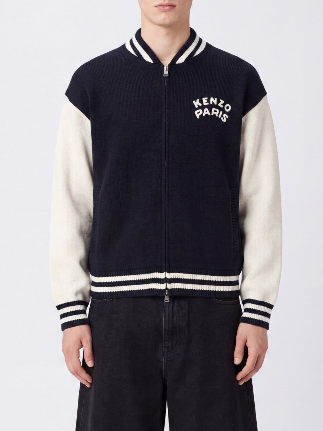 Kenzo Zipped Cotton Cardigan with Contrast Logo and Side Slit Pockets