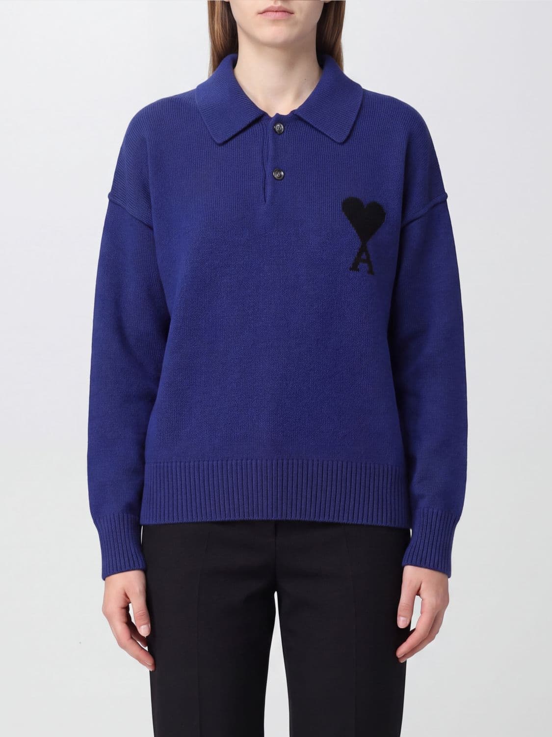 Ami Paris Long-Sleeved Knit Cotton Polo with Ami de Coeur Monogram Logo