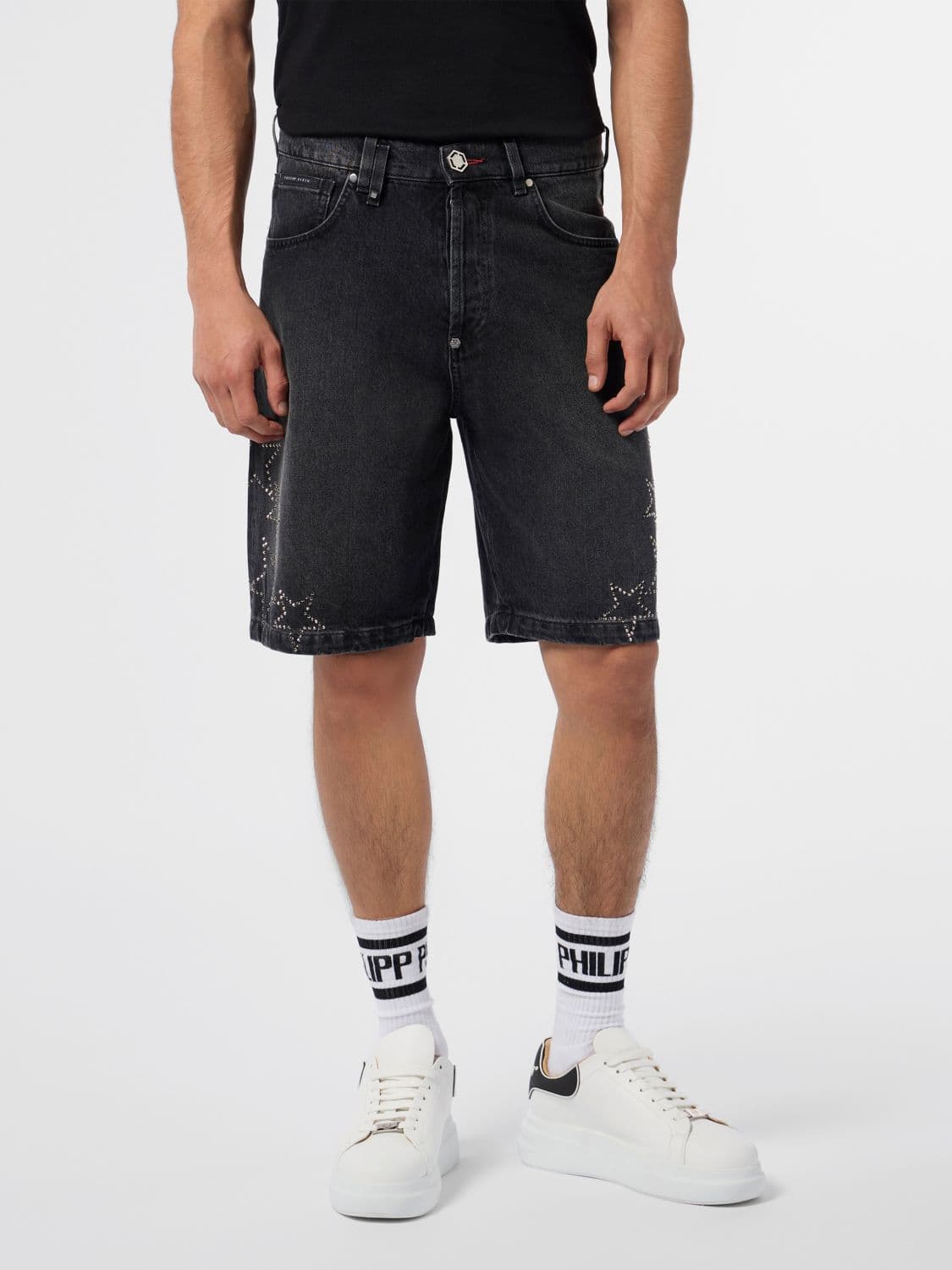Philipp Plein Five-Pocket Denim Shorts with Stars and Rhinestones