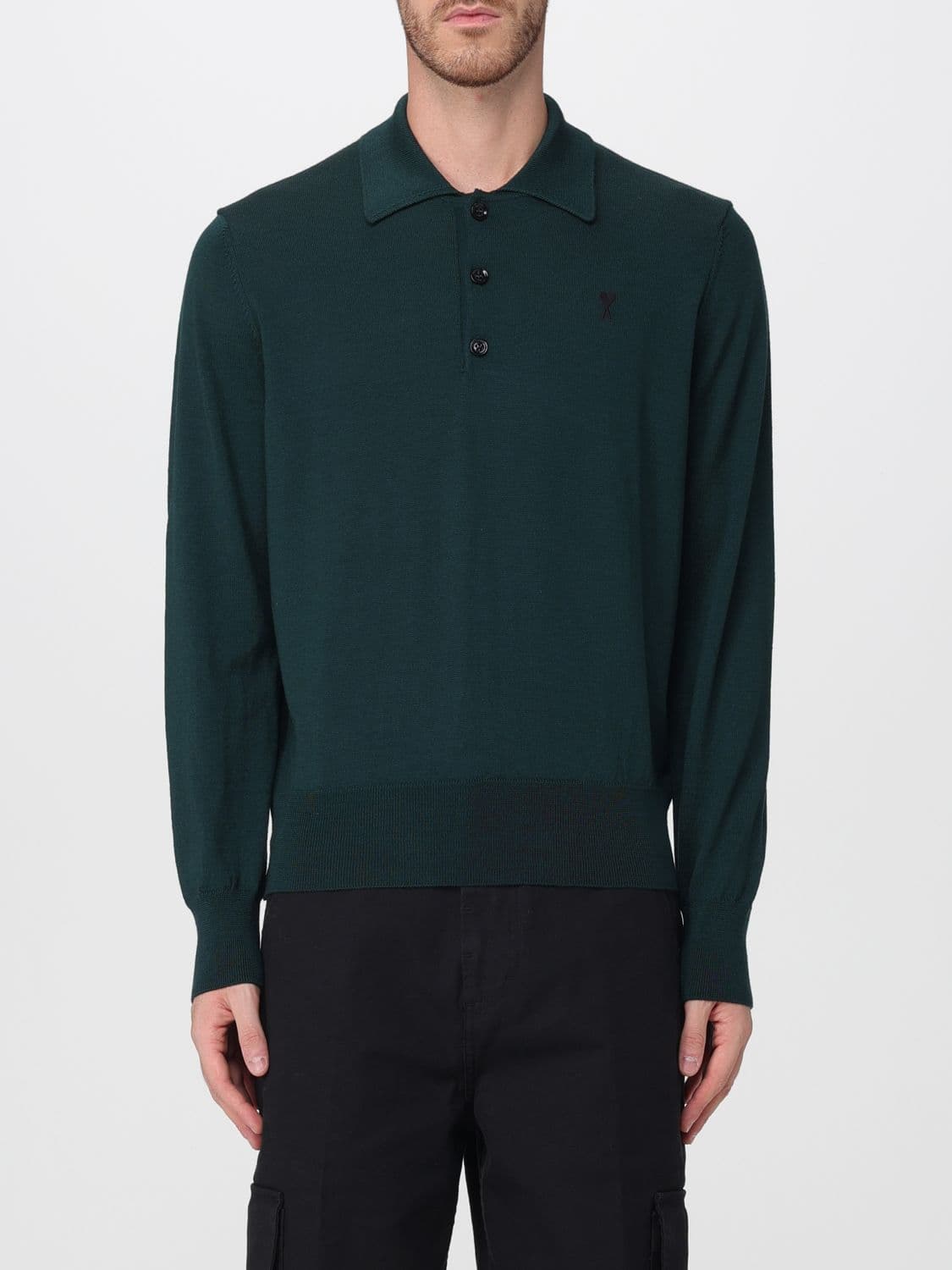 Ami Paris Long-Sleeved Pure Wool Knitted Polo Shirt with Tone-on-Tone Logo