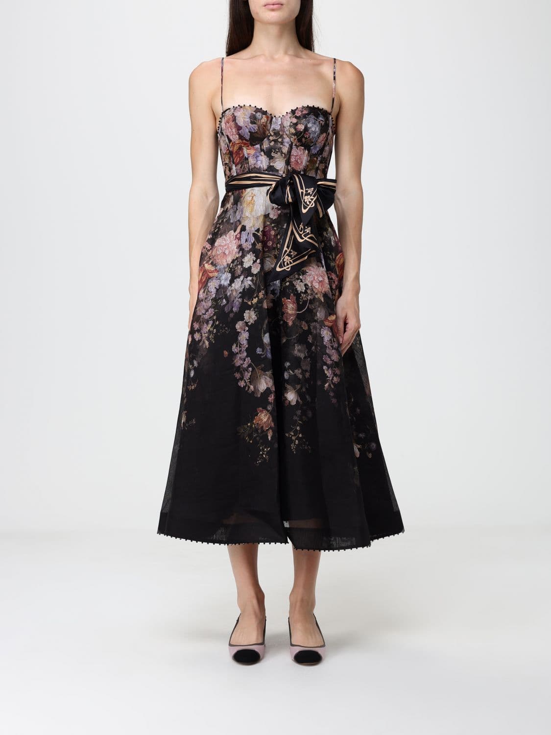 Zimmermann Valiant Floral Print Linen and Silk Midi Dress with Sweetheart Neckline