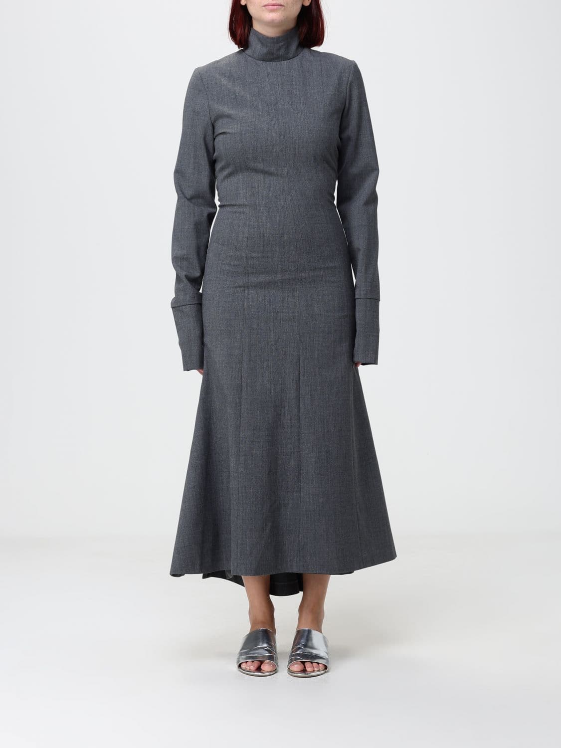 Thelatest Edda High-Neck Virgin Wool Blend Midi Dress with Asymmetrical Hem