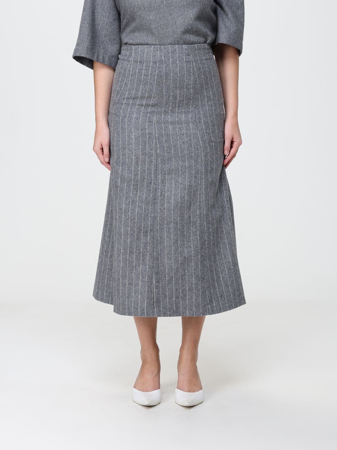Thelatest High-Waisted Pinstriped Wool Blend A-Line Midi Skirt