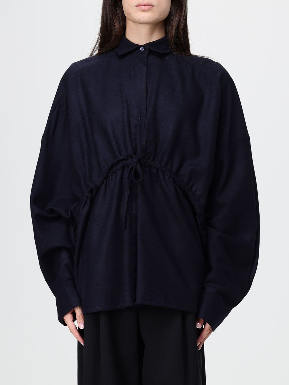 Thelatest Dalida Oversized Wool Flannel Shirt with Balloon Sleeves
