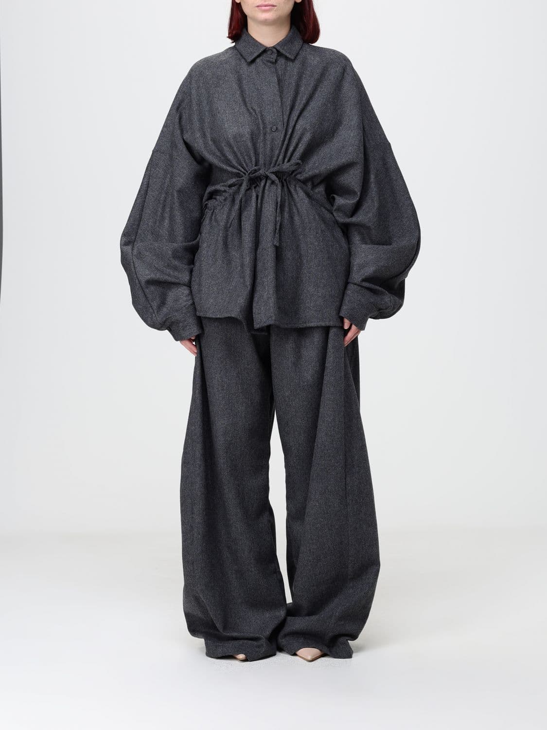 Thelatest Dalida Oversized Wool Flannel Shirt with Balloon Sleeves