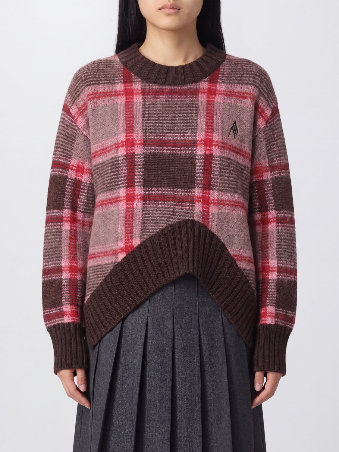 The Attico Check Wool Blend Crewneck Jumper with Asymmetric Hem