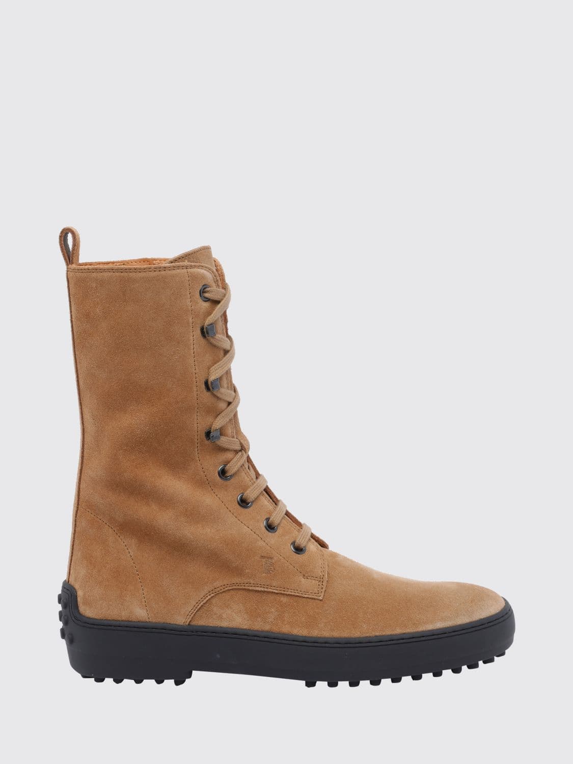 Tod's Calf-High Suede Combat Boots with T Timeless Logo and Gommino Sole