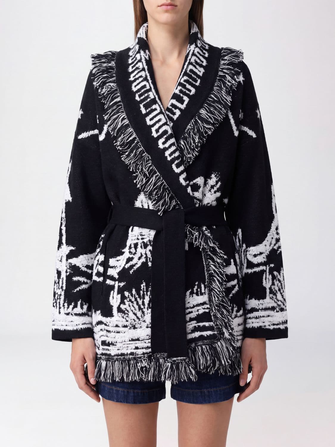 Alanui Jacquard Cashmere and Wool Cardigan with Fringes and Belt