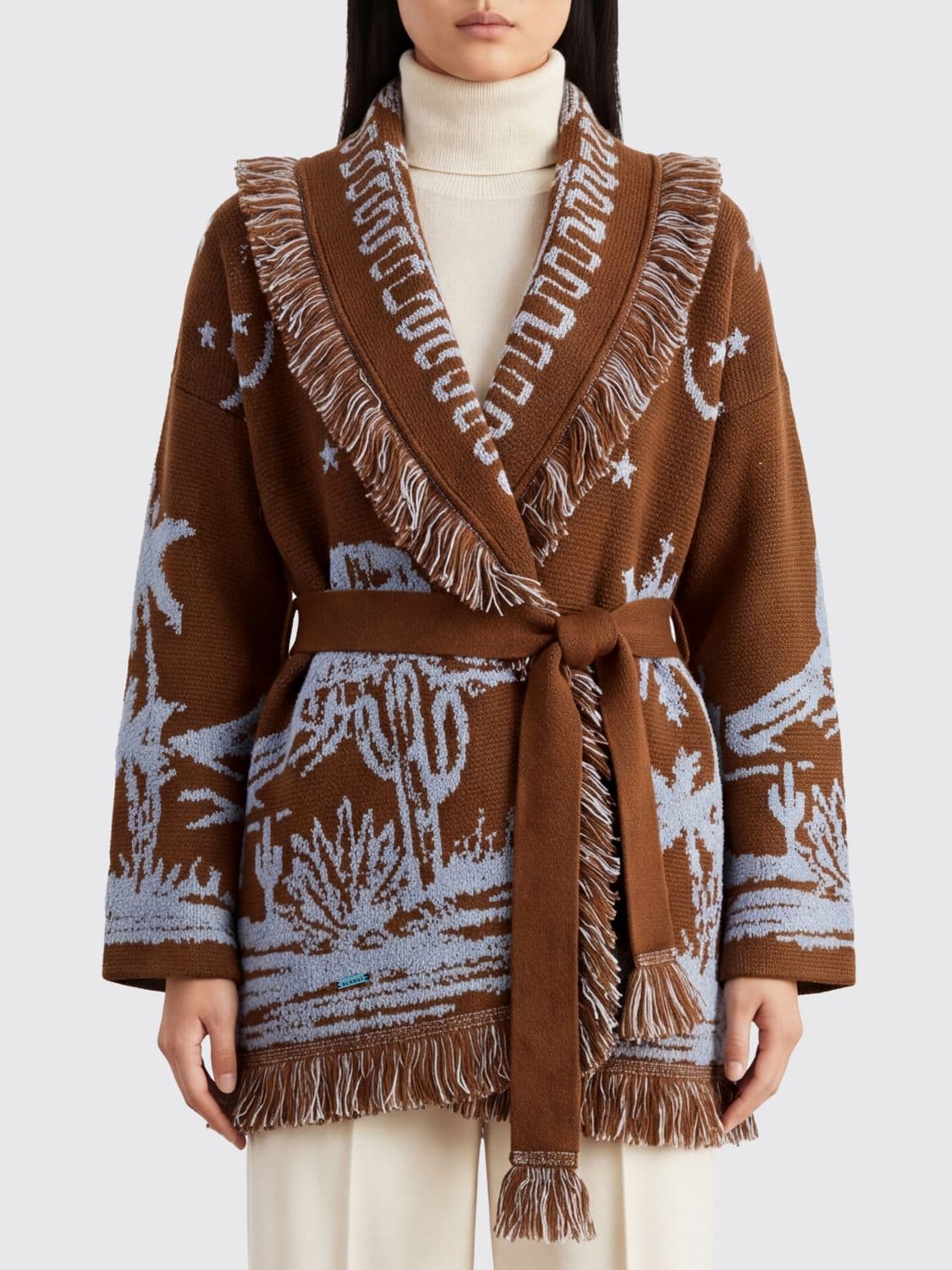 Alanui Jacquard Cashmere and Wool Cardigan with Fringes and Belt