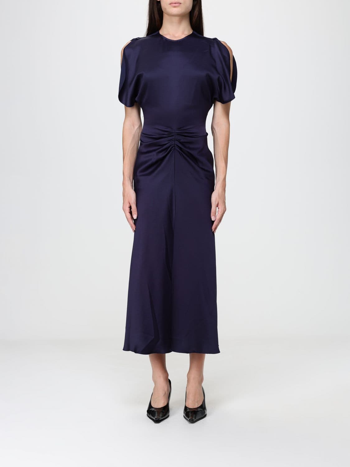 Victoria Victoria Beckham Bela Viscose Sheath Midi Dress with Puff Sleeves