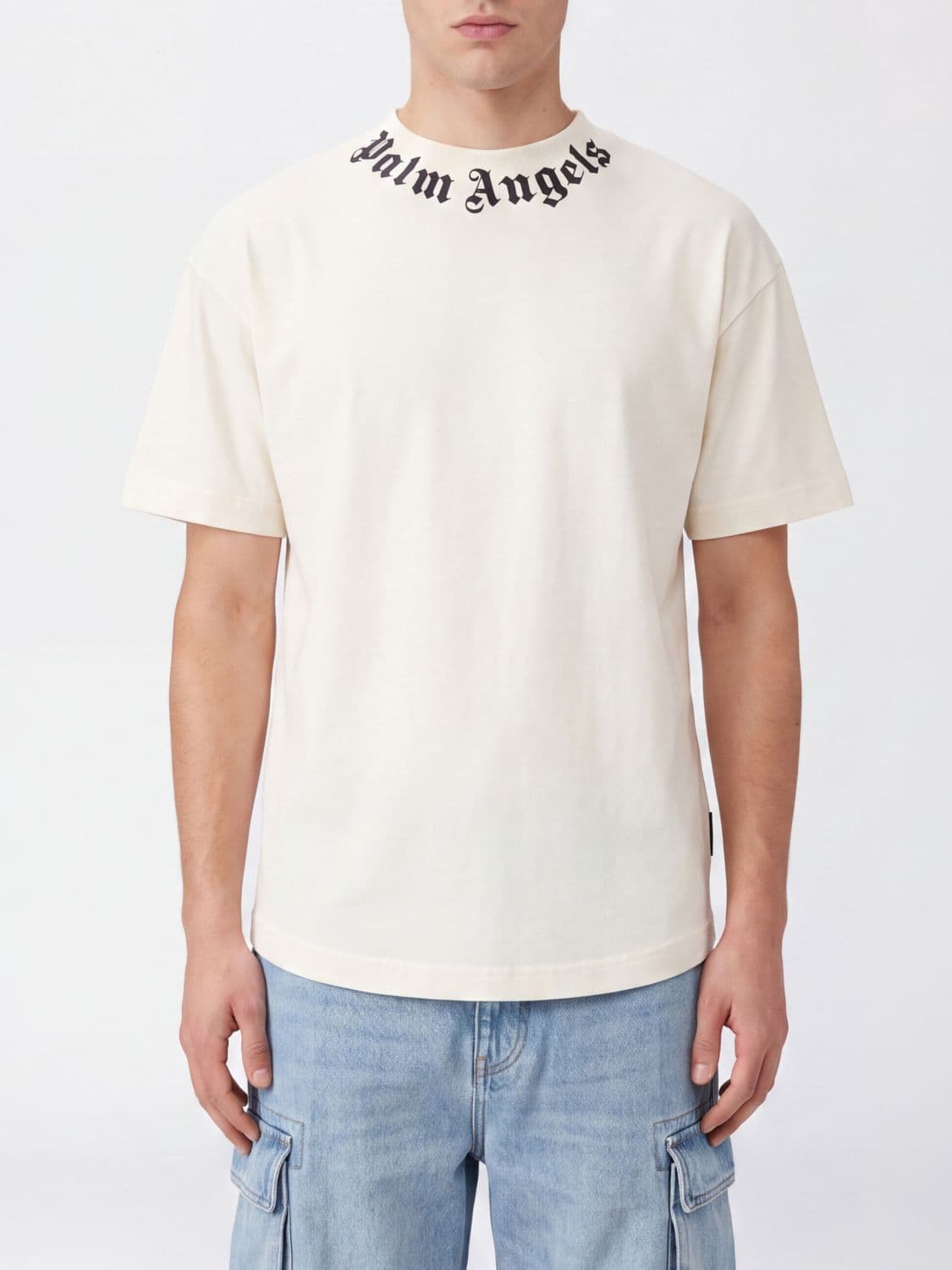 Palm Angels Crewneck Cotton T-shirt with Logo Print and Curved Hem
