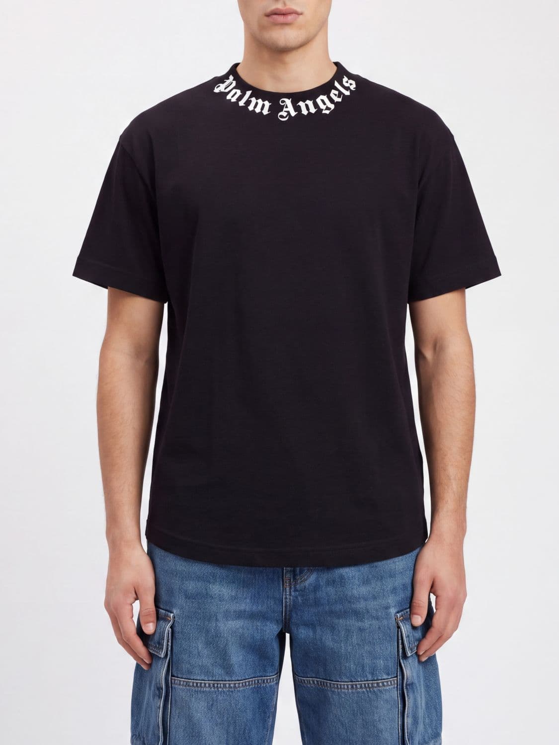 Palm Angels Crewneck Cotton T-shirt with Logo Print and Curved Hem
