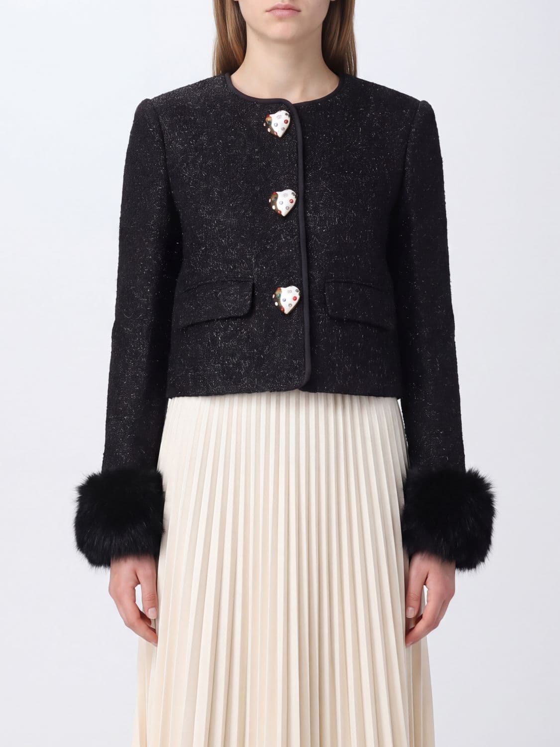 Self-Portrait Cropped Bouclé Blazer with Jewel Buttons and Fur Cuffs