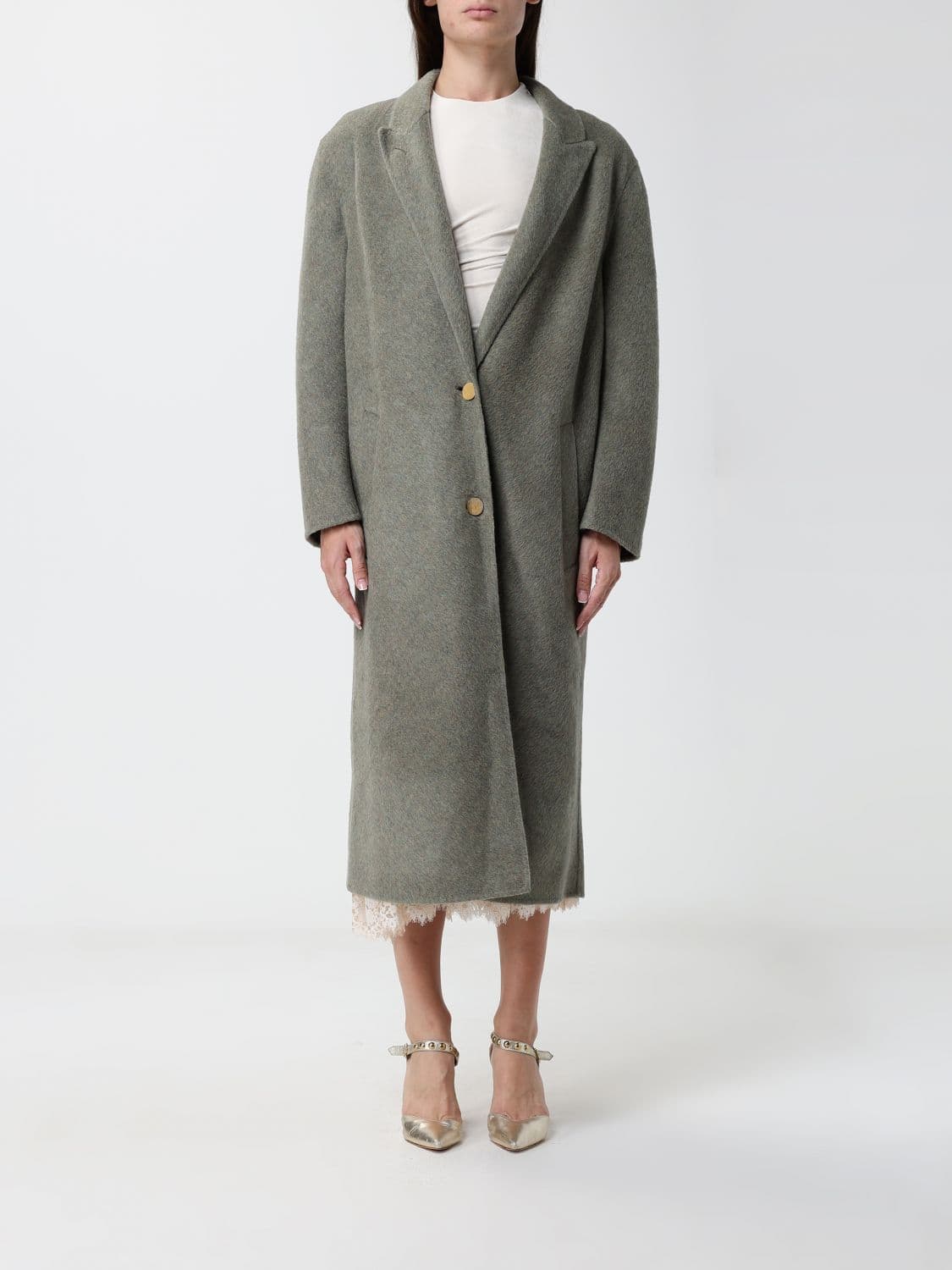 Alberta Ferretti Single-Breasted Long Coat in Wool Cashmere and Silk with Lapels · M
