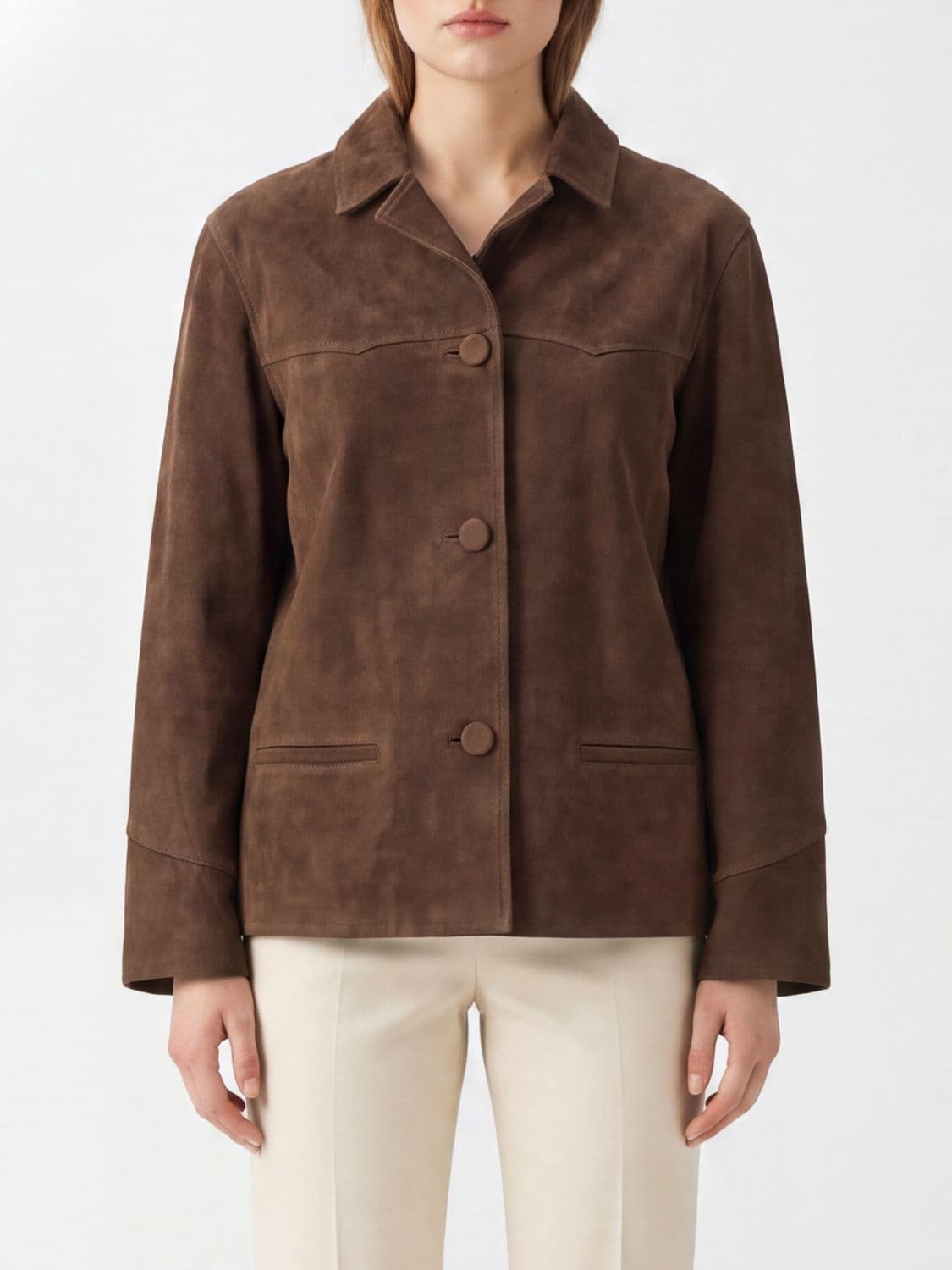 Tory Burch Suede Shirt Jacket with Classic Collar and Slit Pockets