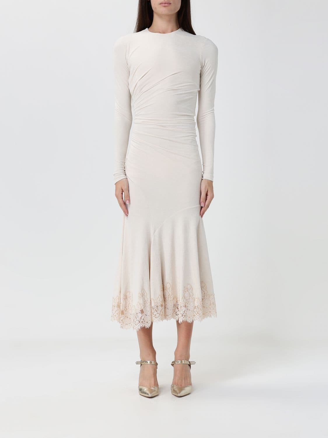 Alberta Ferretti Draped Velvet Midi Sheath Dress with Lace Inserts