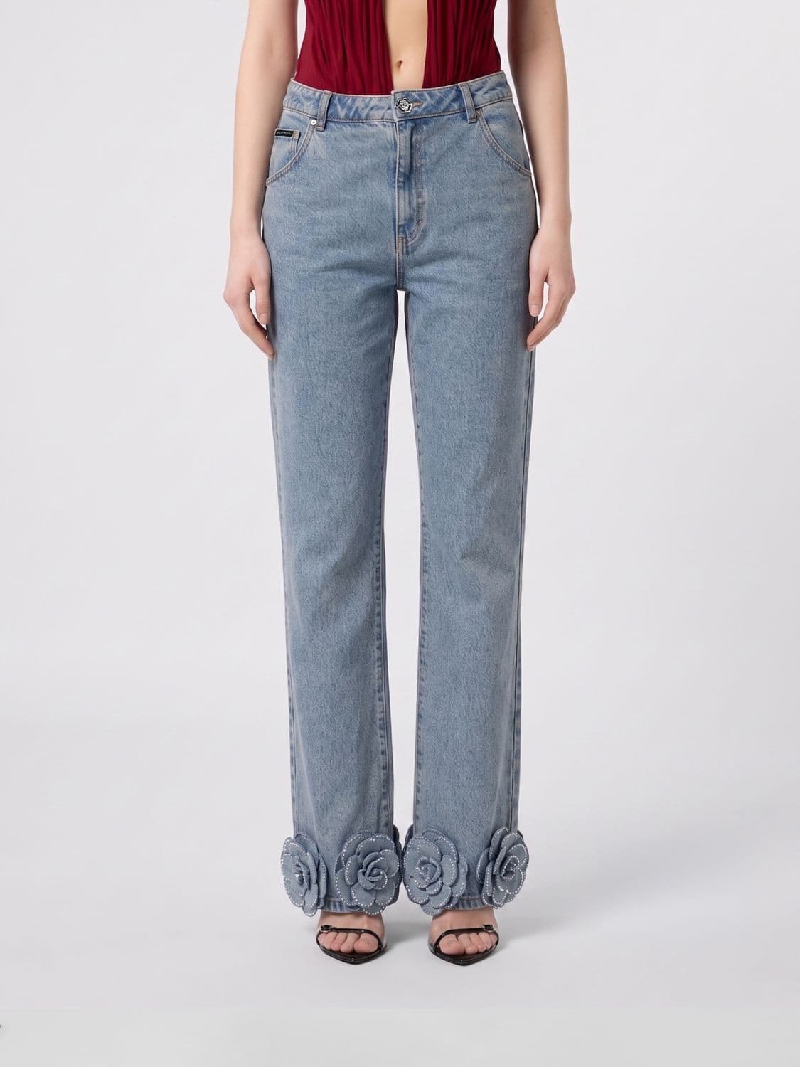 Philipp Plein Mid-Rise Straight Jeans in Denim with Floral Embroidery