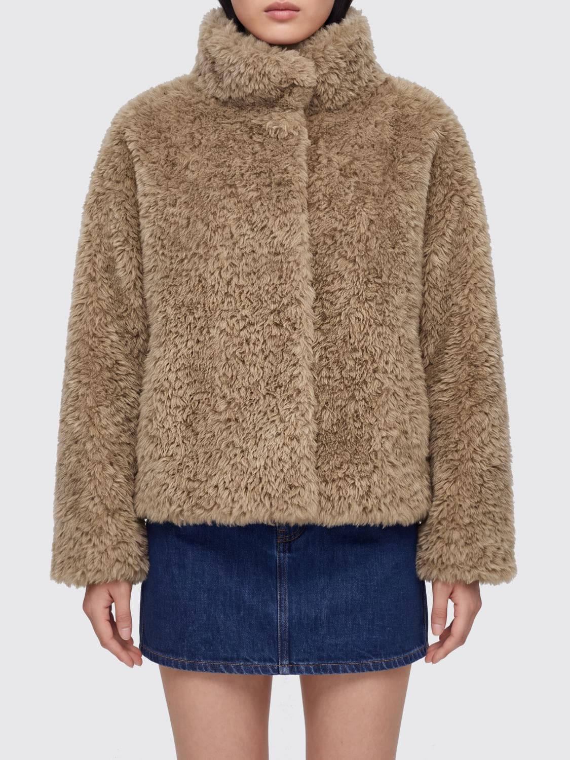 Herno Cropped Faux-Fur Jacket with High Neck and Concealed Fastening