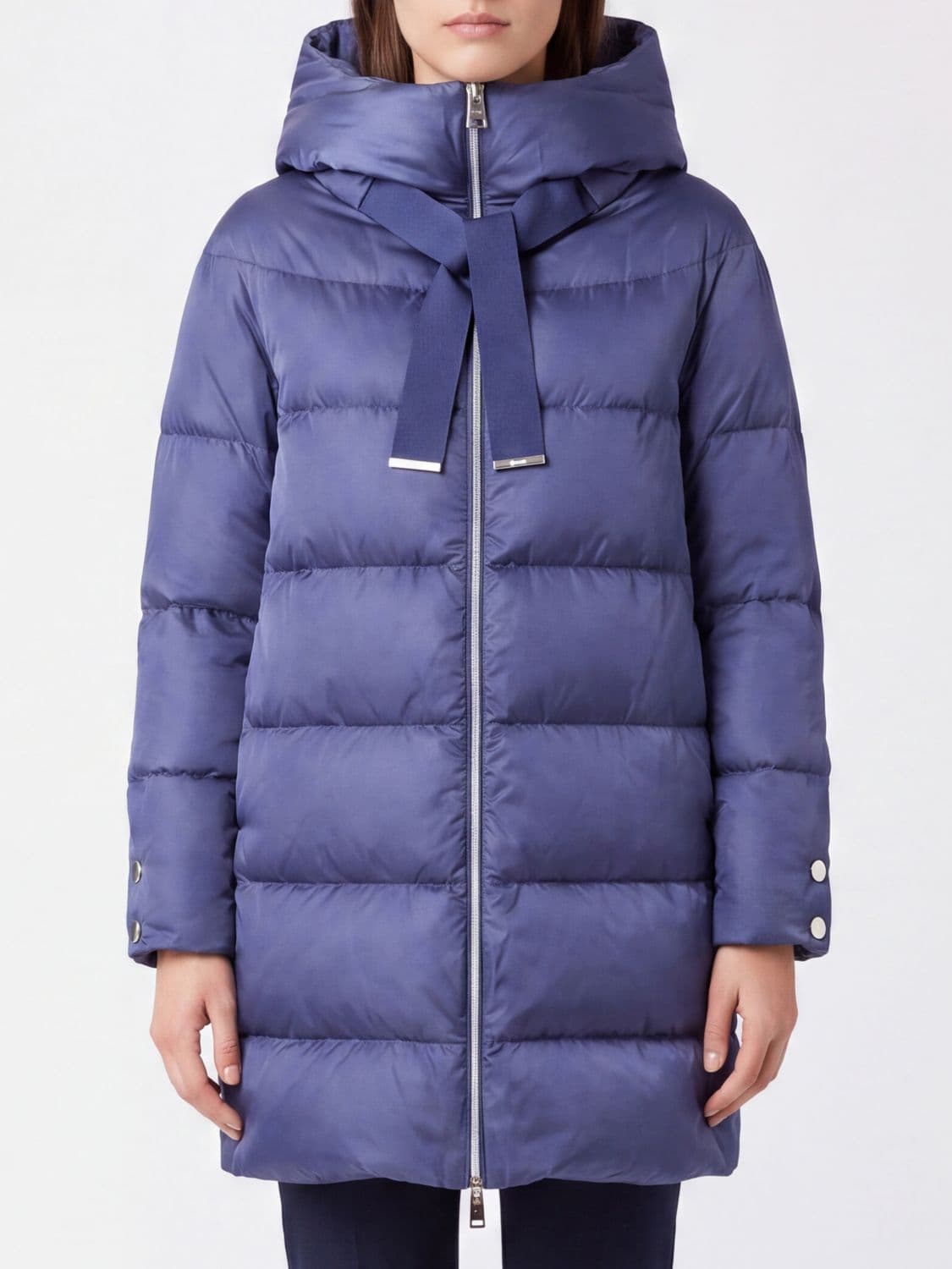 Herno A-Shape Short Hooded Down Jacket in Quilted Technical Satin