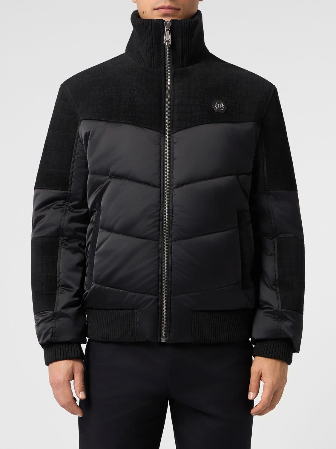 Philipp Plein Quilted Polyester Puffer Jacket with Leather Details