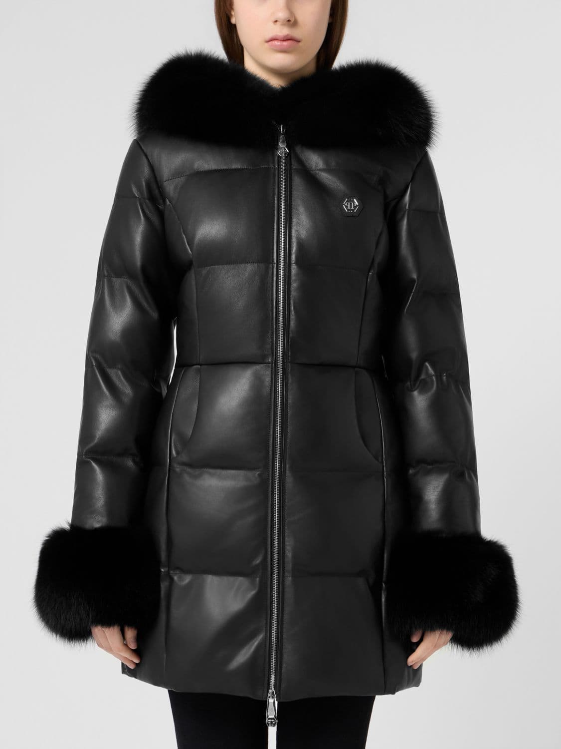 Philipp Plein Long Leather Puffer Jacket with Fur Collar · M