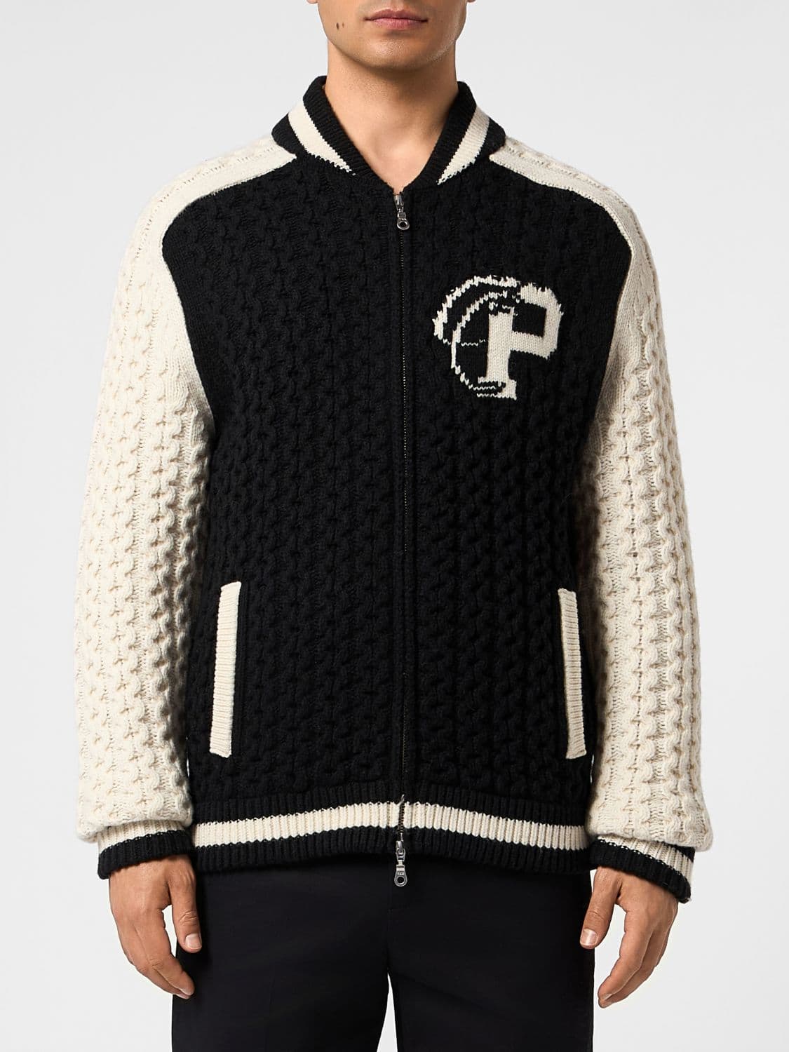 Philipp Plein Wool Bomber Cardigan with Zip and Jacquard Logo