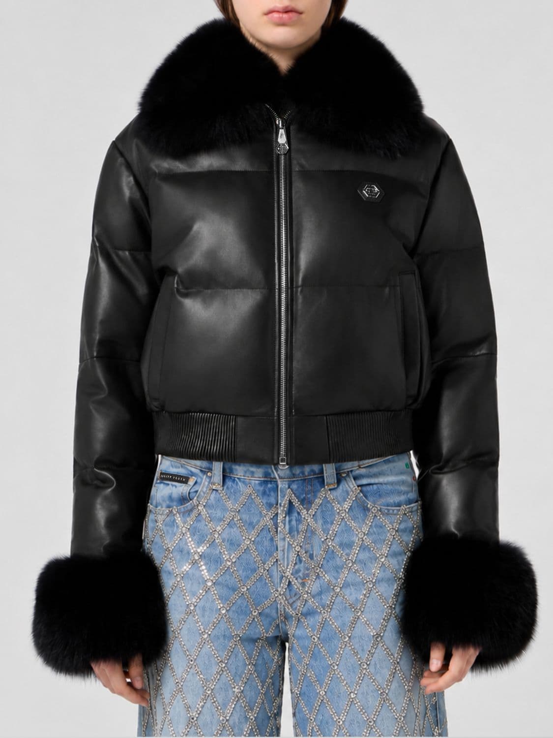 Philipp Plein Quilted Lambskin Leather Bomber Jacket with Fur Cuffs