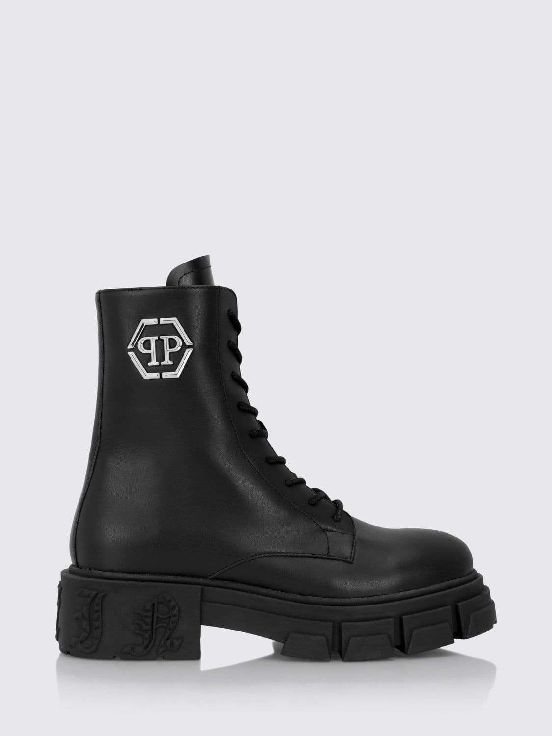 Philipp Plein Monogram Calfskin Combat Boots with Hexagon Logo