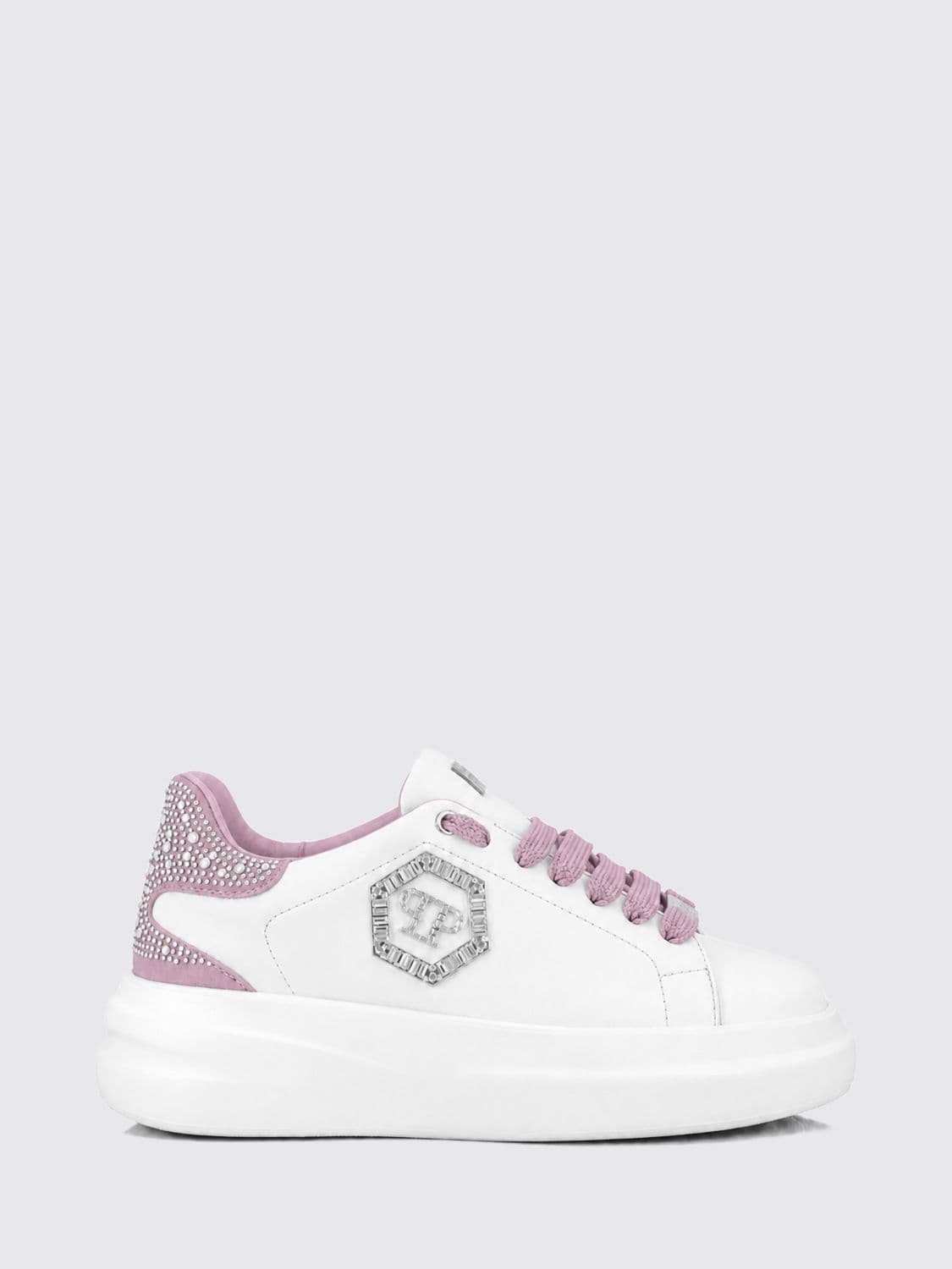 Philipp Plein Leather Chunky Sneakers with Hexagon Logo and Rhinestones
