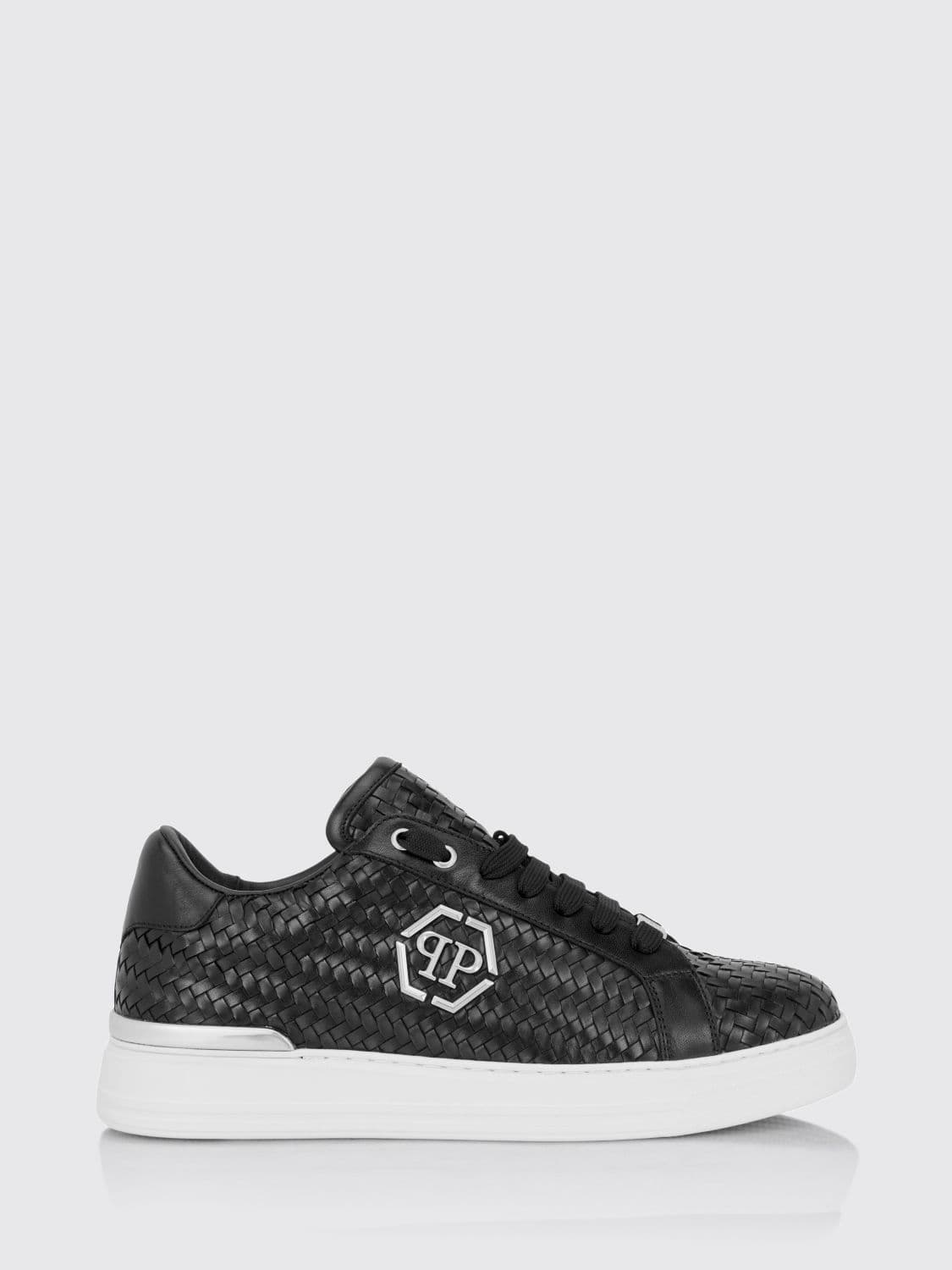Philipp Plein Woven Leather Low-Top Sneakers with Hexagon Logo